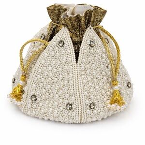 Ramla Pearl Embellished White Gold Drawstring Evening Clutch NWOT